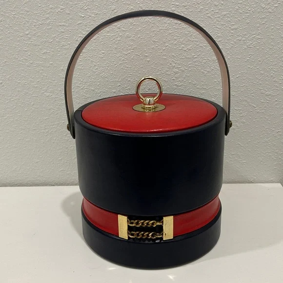 Vintage 70’s Georges Briard USA Navy / Red Leather Insulated Lidded Ice Bucket - Picture 1 of 14